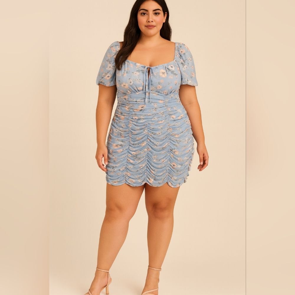 Madden NYC Blue Floral Ruched Bodycon Mini Dress Cottagecore Plus XXL Sexy Short